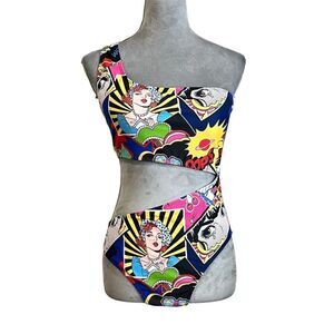 Trendy Y2k Pop Art One Shoulder Cut Out One Piece Swimsuit L Beach Pool Colorful